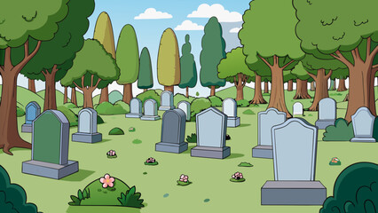 Poster - Tucked away behind a grove of trees the old parish cemetery is a peaceful and solemn place. Mosscovered gravestones stand in rows surrounded by. Cartoon Vector.
