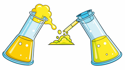 Aufkleber - Two beakers of clear liquids being poured together instantly creating a yellow foam with a strong odor.. Cartoon Vector.