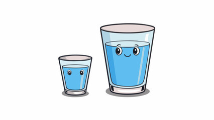 Fototapete - Two glasses filled with water one filled to the brim and the other only half full. The smaller glass is made of plastic and has a thicker rim while. Cartoon Vector.