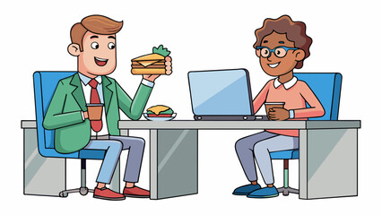 Aufkleber - Two coworkers having a conversation in the office break room. One is holding a sandwich in hand while the other is typing away on their laptop both of. Cartoon Vector.