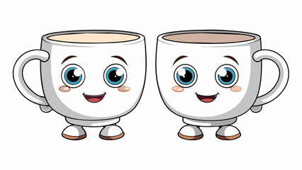 Wall Mural - Two identical white coffee mugs sitting on a table both with curved handles a shiny glazed finish and a small chip on the rim.. Cartoon Vector.