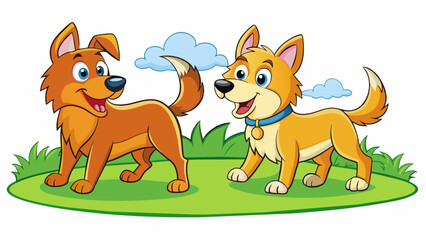 Sticker - Two dogs playing in a park both with fluffy fur wagging tails and alert ears.. Cartoon Vector.