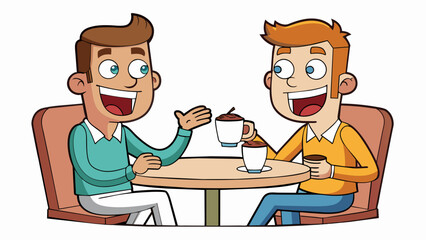 Aufkleber - Two friends sitting at a cafe sipping on hot coffee and chatting away. One friend is gesturing animatedly while the other nods along both of them. Cartoon Vector.