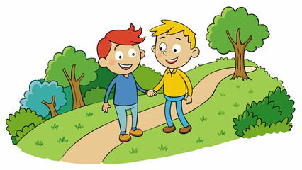 Poster - Two friends walking down a narrow winding path in the woods their arms linked closely together as they chat and laugh.. Cartoon Vector.