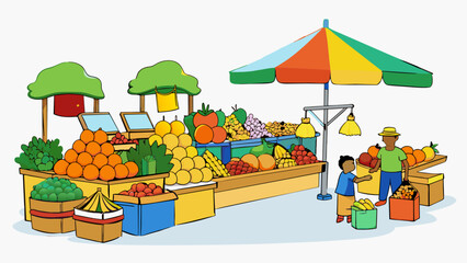 Poster - While exploring a bustling city I stumbled upon a vibrant street market filled with a myriad of exotic fruits and vegetables. The stalls were. Cartoon Vector.