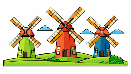 Fototapete - Windmills In the countryside of Holland you will find tall structures with large spinning blades on top. These are called windmills and they are used. Cartoon Vector.