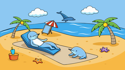 Aufkleber - While lounging on the beach I gazed out at the ocean and noticed a pod of dolphins frolicking in the waves. Their sleek grey bodies rose and fell with. Cartoon Vector.
