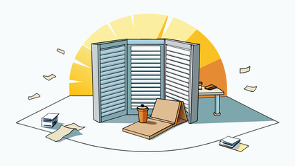 Leinwandbilder - With a flick of a switch the metal shutters rolled up flooding the small room with bright sunlight and revealing a cluttered desk covered in papers. Cartoon Vector.