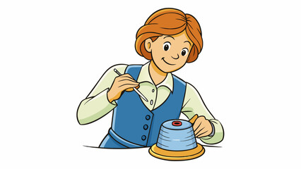 Fototapete - With a thimble on her finger a woman handsews a button onto a shirt. Her movements are delicate and precise securing the button onto the fabric with. Cartoon Vector.