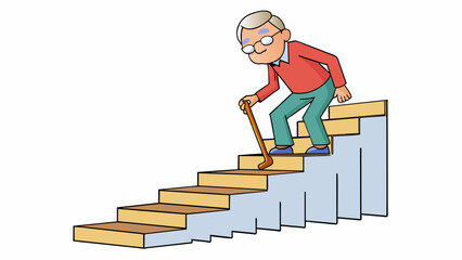 Poster - With one hand on the banister the old man cautiously proceeded down the steep and narrow staircase.. Cartoon Vector.