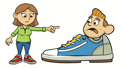 Poster - With a snide comment he pointed at her wornout sneakers mocking the peeling soles and frayed laces.. Cartoon Vector.