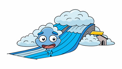 Fototapete - With an angry rumble the rain poured down in heavy sheets battering against the rooftop and turning the streets into a swirling river.. Cartoon Vector.