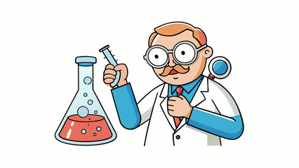 Fototapete - With a magnifying glass in hand the scientist peered closely at a clear glass flask filled with bubbling liquid over a Bunsen burner. The flask was. Cartoon Vector.