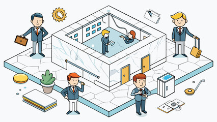 Fototapete - Within the bustling halls people wearing suits and carrying briefcases buzz around their voices echoing against the marble floors and walls. The air. Cartoon Vector.