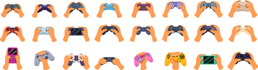 Poster - Gamer hands console controller icons set vector. A hand holding a game controller with a pink controller