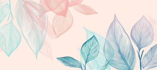 Wall Mural - Blue Algae, Minimalist Line Art Leaves on Pastel Background