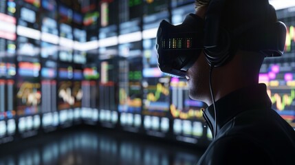 Poster - A man is immersed in virtual reality as he wears a headset and interacts with a computer screen.