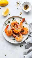 Wall Mural - Grilled Spicy Shrimp with Lemon and Herbs on a Plate