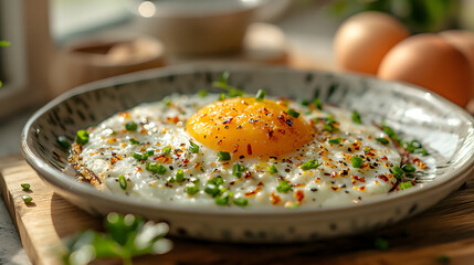 Wall Mural - Delicious Baked Egg Dish with Fresh Herbs and Tomatoes