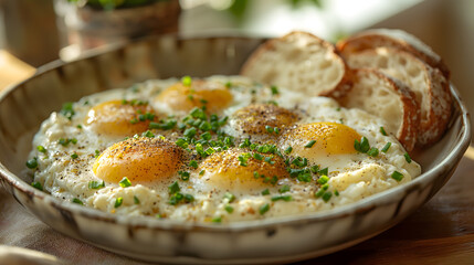 Wall Mural - Savory Baked Eggs in Pan With Herbs and Spices Close-Up
