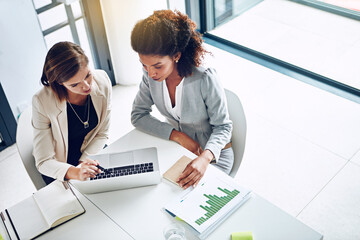 Poster - Computer, paperwork and women in office together for research, teamwork or partnership. Strategy, planning and business people with laptop for stats, graphs and charts for data analysis from above