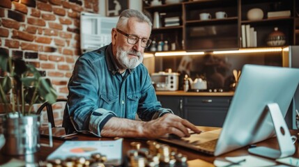 Poster - A man is seated at a desk, focused on a laptop computer screen.