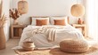 © naphat - White bedroom with wooden bedside tables, orange pendant lamps and beige cushions. Soft light illuminates the bed in front of white walls. The background features two textured woven storage baskets