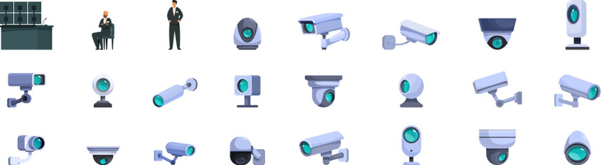 Poster - Video surveillance system icons set vector. A collection of various security cameras, including a man in a suit standing in front of a desk