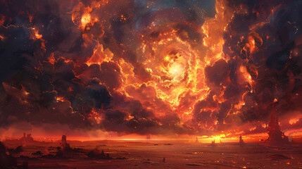 Wall Mural - Digital painting of a fantasy world with mystical clouds and magical scenery, suitable for a science fiction background