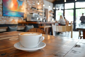 Poster - A Casual Coffeehouse Setting with a Cozy Wooden Table and Soft Blurred Artwork in the Background