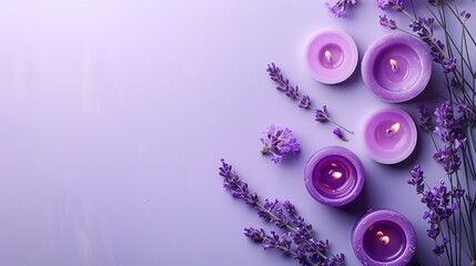Wall Mural - Overhead shot of purple candles and delicate lavender flowers on a monochrome background