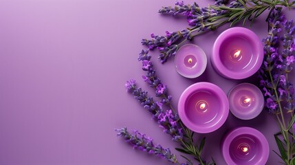 Wall Mural - Purple candles and lavender flowers arranged beautifully