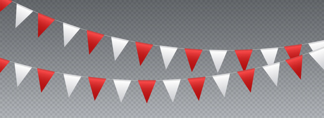 bunting flags, carnival party flags, white and red festive pennants hanging on a rope. festival vect