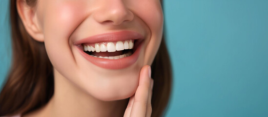 Happy smiling young lady showing her white healthy.
