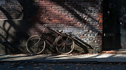Wall Mural - A bicycle leaning against a brick wall, its shadow creating a pattern on the pavement
