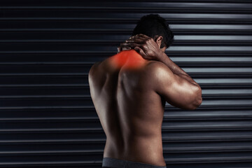 Sticker - Back, xray and hands on neck with man by black background for injury, workout and accident in gym. Bodybuilder, athlete and wellness or anatomy for training, exercise and red fracture in studio