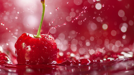 Juicy cherry falls into the water, water splashes, close-up