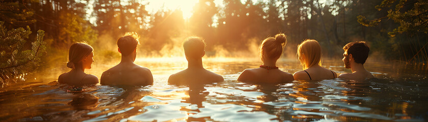 Wall Mural - Photo realistic as Friends enjoying a refreshing swim in a forest lake   High resolution image highlighting fun adventure and natural beauty