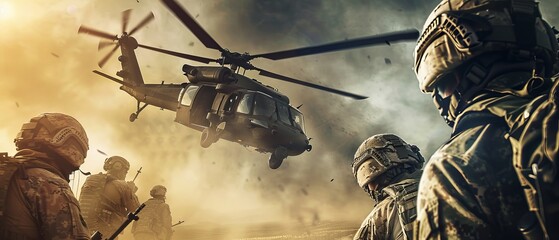 Military soldiers in tactical gear with helicopter, combat operation scene in desert, dramatic lighting and intense atmosphere.