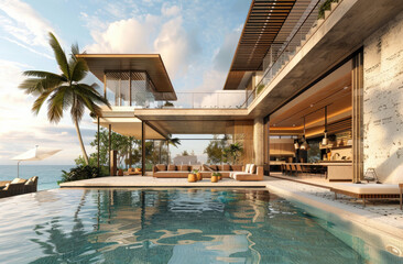 Wall Mural - A luxurious modern villa with an outdoor pool and garden, showcasing the interior design of one bedroom.