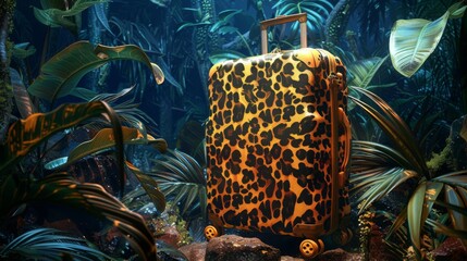 Wall Mural - Leopard print suitcase in a tropical jungle for travel or adventure themed designs