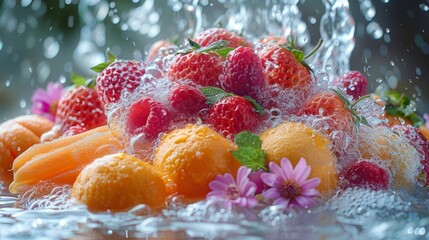 Wall Mural - A Blissful Feast: Fresh Fruits and Blooming Flowers