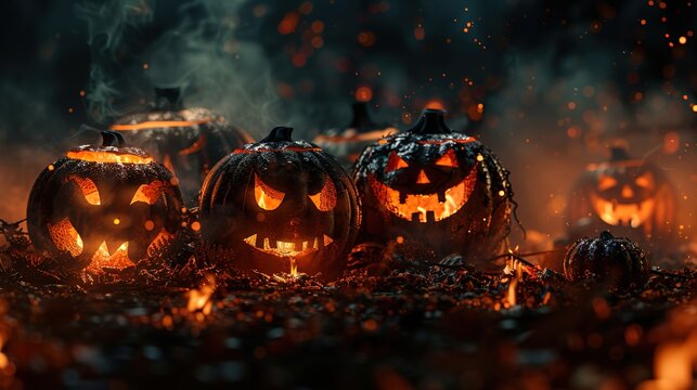 Halloween background featuring jack-o'-lanterns with eerie glowing faces