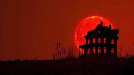 Wall Mural - Halloween background with a spooky haunted house silhouette against an orange moonlit sky