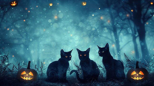 Halloween background with spooky silhouettes of black cats and pumpkins