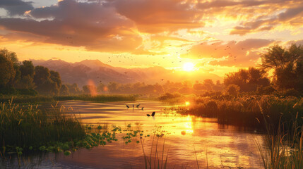 Wall Mural - A vibrant scene from Eden during sunset, two of the rivers crossing, reflecting the golden sky, while wildlife gathers at the banks. 