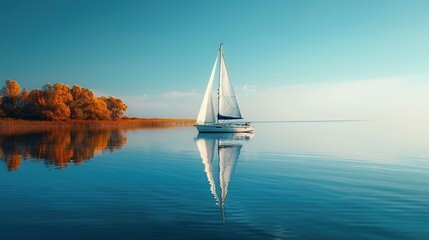 Wall Mural -  summer background with a sailboat on a calm