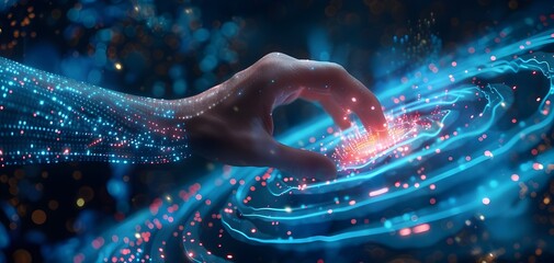 Poster - Hand Touching HighDefinition Digital Spiral of Data with Glowing Light and Colorful Dots