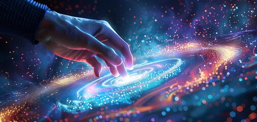Poster - Hand Touching Digital Spiral of Data with Glowing Light and Colorful Dots