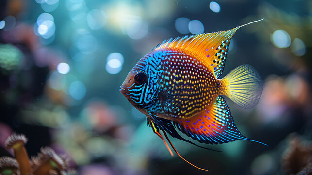 Exotic fish in the aquarium, showing its intricate patterns and vivid colors